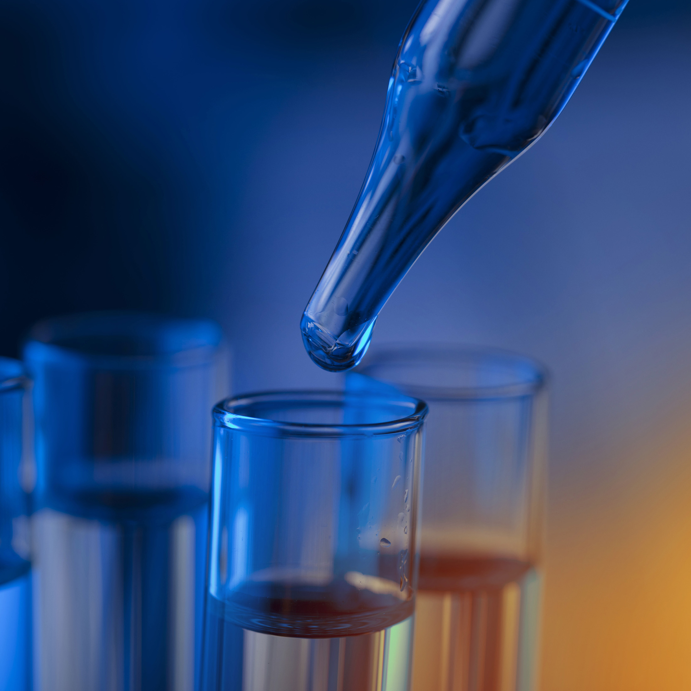 Photo of dropper depositing liquid into beakers in laboratory