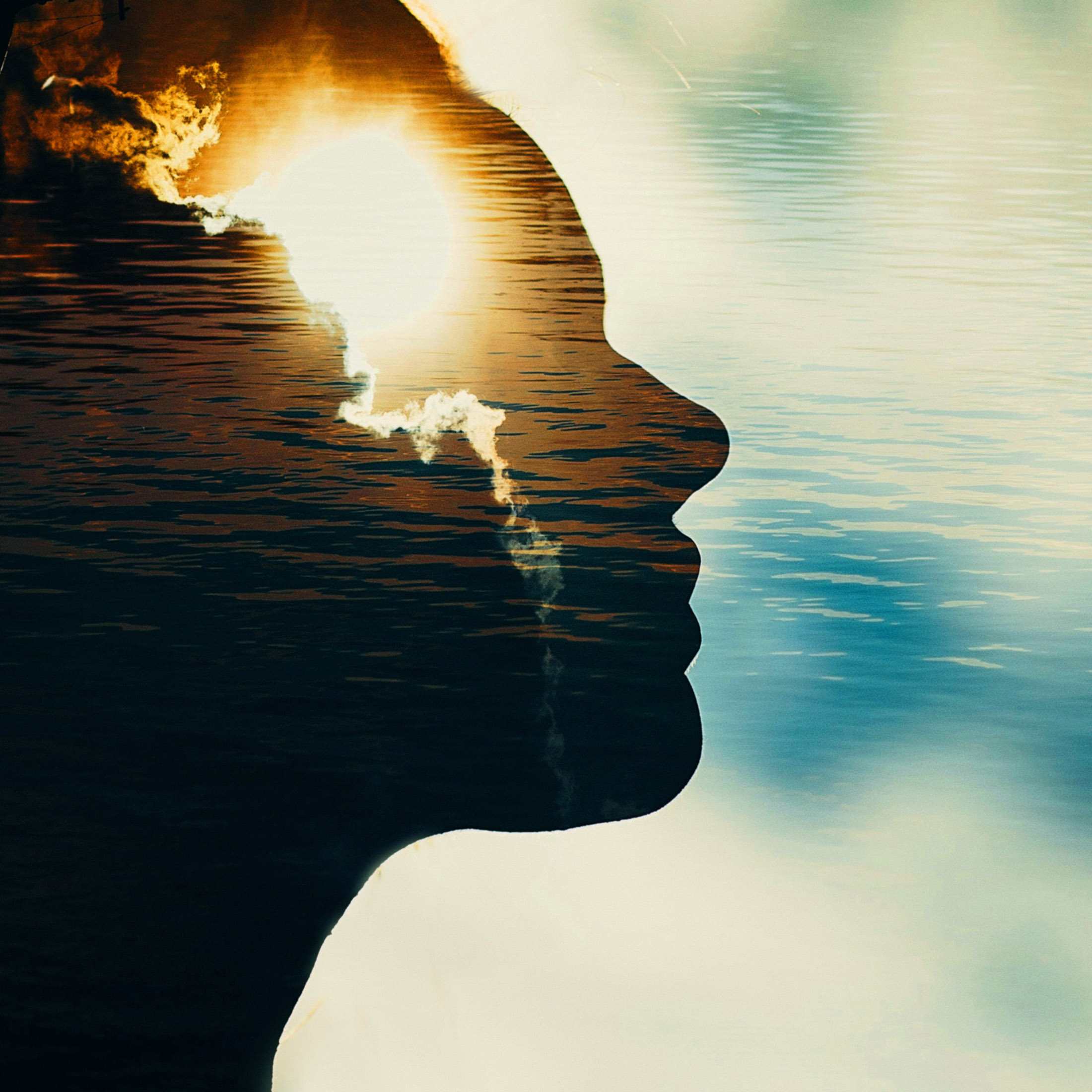 Artistic montage featuring the silhouette of a person's head imposed over a photograph of an ocean sunset